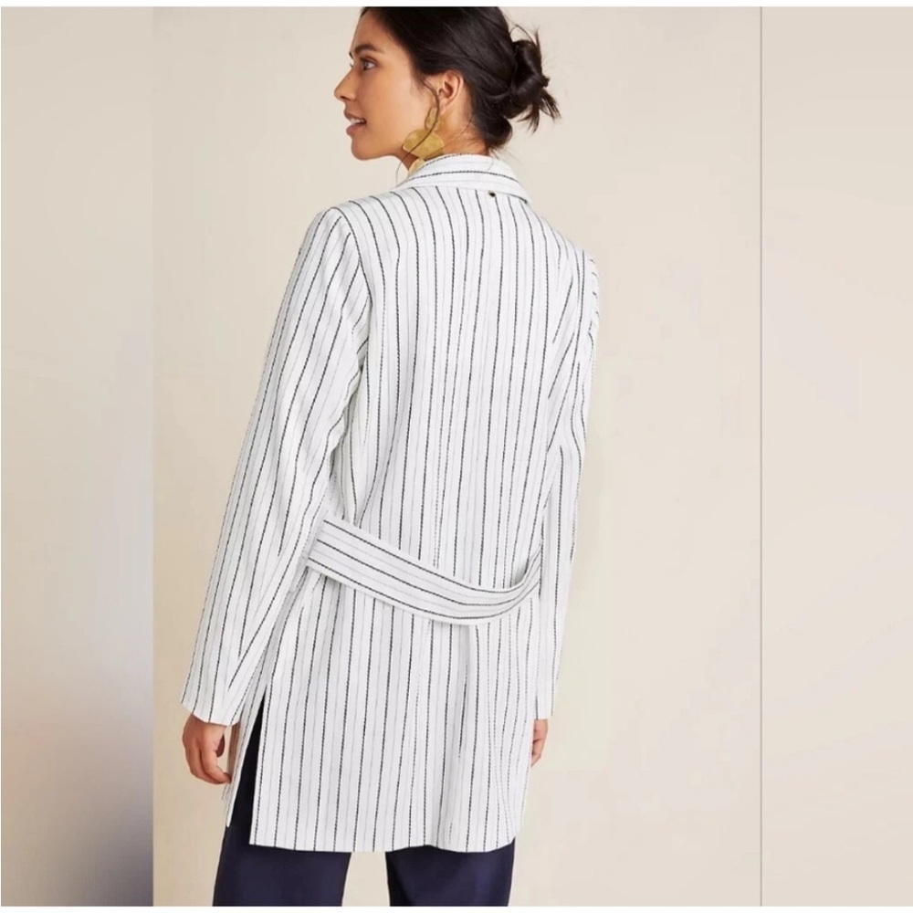 ANTHROPOLOGIE LONGLINE THIN STRIPE OPEN FRONT BLAZER POCKETS SIZE SMALL NWT - Picture 3 of 15